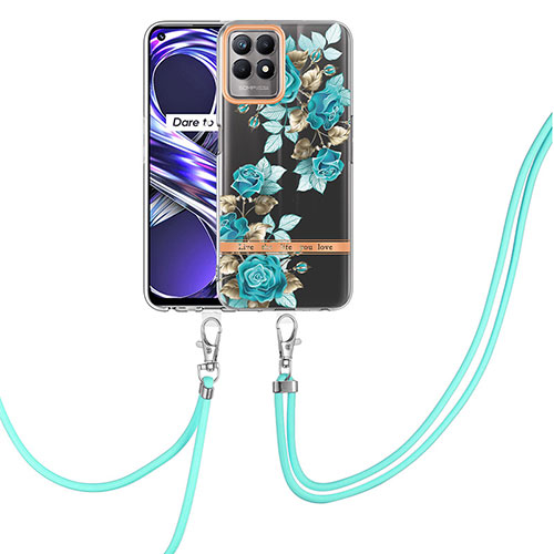 Silicone Candy Rubber Gel Fashionable Pattern Soft Case Cover with Lanyard Strap Y06B for Realme Narzo 50 4G Cyan