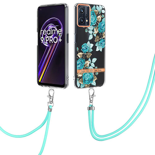 Silicone Candy Rubber Gel Fashionable Pattern Soft Case Cover with Lanyard Strap Y06B for Realme V25 5G Cyan