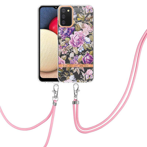 Silicone Candy Rubber Gel Fashionable Pattern Soft Case Cover with Lanyard Strap Y06B for Samsung Galaxy A03s Clove Purple