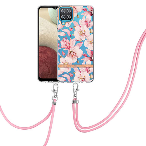 Silicone Candy Rubber Gel Fashionable Pattern Soft Case Cover with Lanyard Strap Y06B for Samsung Galaxy A12 5G Pink