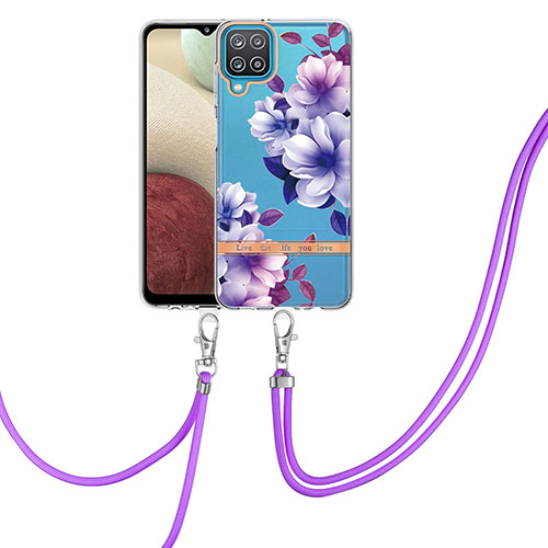 Silicone Candy Rubber Gel Fashionable Pattern Soft Case Cover with Lanyard Strap Y06B for Samsung Galaxy A12 5G Purple