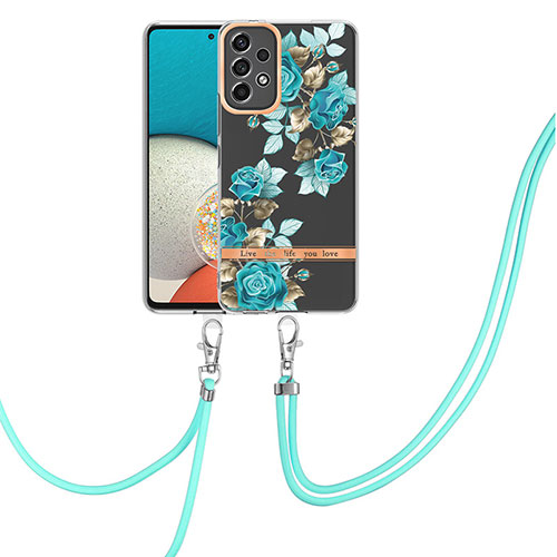 Silicone Candy Rubber Gel Fashionable Pattern Soft Case Cover with Lanyard Strap Y06B for Samsung Galaxy A13 4G Cyan