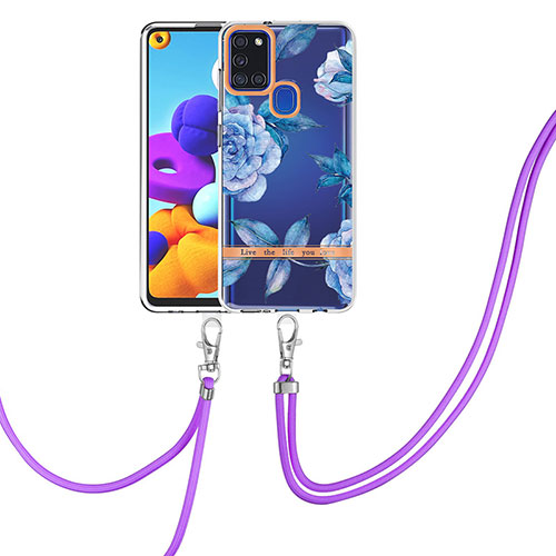 Silicone Candy Rubber Gel Fashionable Pattern Soft Case Cover with Lanyard Strap Y06B for Samsung Galaxy A21s Blue