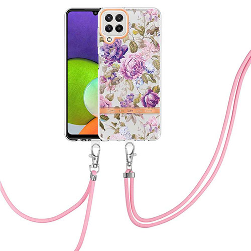 Silicone Candy Rubber Gel Fashionable Pattern Soft Case Cover with Lanyard Strap Y06B for Samsung Galaxy A22 4G Clove Purple