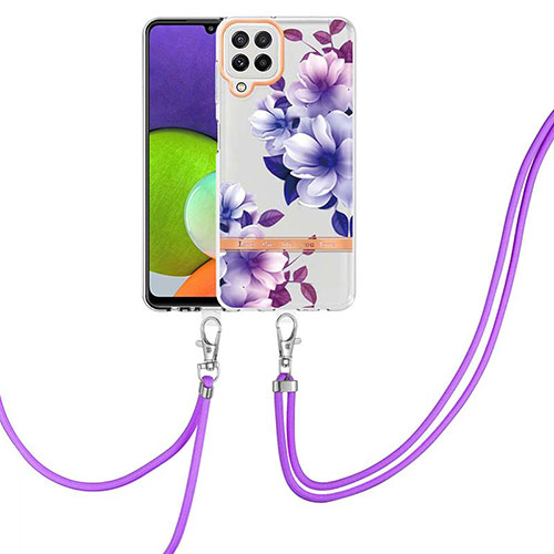 Silicone Candy Rubber Gel Fashionable Pattern Soft Case Cover with Lanyard Strap Y06B for Samsung Galaxy A22 4G Purple