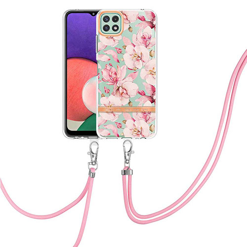 Silicone Candy Rubber Gel Fashionable Pattern Soft Case Cover with Lanyard Strap Y06B for Samsung Galaxy A22 5G Pink