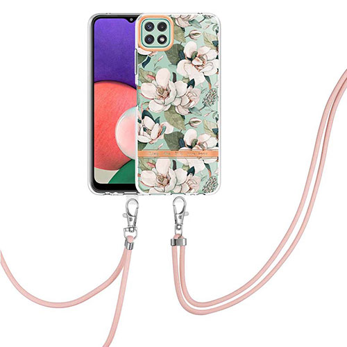 Silicone Candy Rubber Gel Fashionable Pattern Soft Case Cover with Lanyard Strap Y06B for Samsung Galaxy A22 5G White