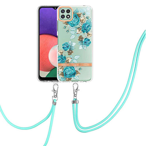 Silicone Candy Rubber Gel Fashionable Pattern Soft Case Cover with Lanyard Strap Y06B for Samsung Galaxy A22s 5G Cyan