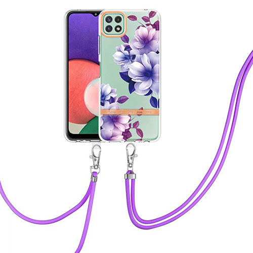 Silicone Candy Rubber Gel Fashionable Pattern Soft Case Cover with Lanyard Strap Y06B for Samsung Galaxy A22s 5G Purple