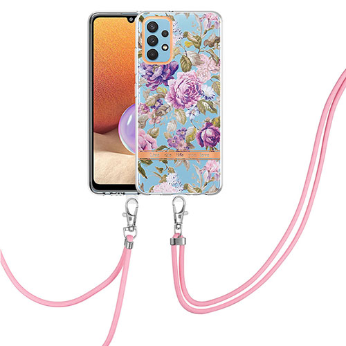 Silicone Candy Rubber Gel Fashionable Pattern Soft Case Cover with Lanyard Strap Y06B for Samsung Galaxy A32 4G Clove Purple