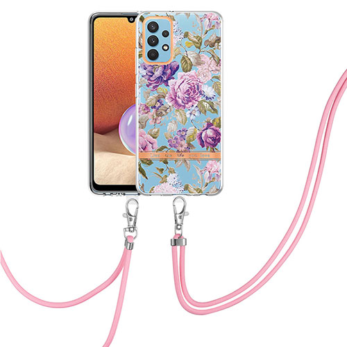 Silicone Candy Rubber Gel Fashionable Pattern Soft Case Cover with Lanyard Strap Y06B for Samsung Galaxy A32 5G Clove Purple