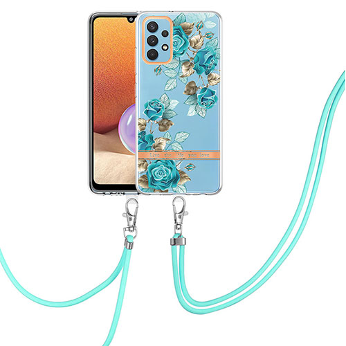 Silicone Candy Rubber Gel Fashionable Pattern Soft Case Cover with Lanyard Strap Y06B for Samsung Galaxy A32 5G Cyan