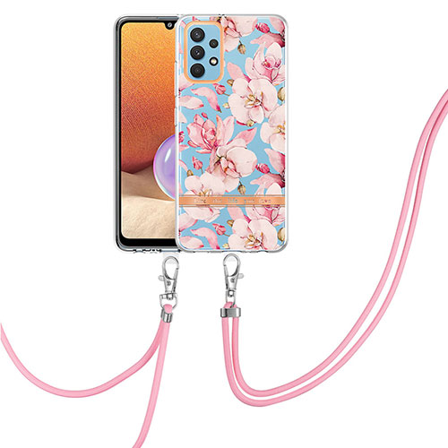 Silicone Candy Rubber Gel Fashionable Pattern Soft Case Cover with Lanyard Strap Y06B for Samsung Galaxy A32 5G Pink
