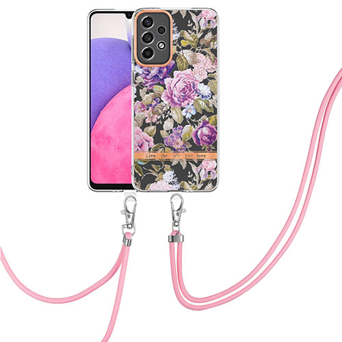 Silicone Candy Rubber Gel Fashionable Pattern Soft Case Cover with Lanyard Strap Y06B for Samsung Galaxy A33 5G Clove Purple