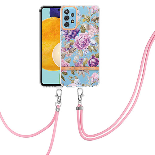 Silicone Candy Rubber Gel Fashionable Pattern Soft Case Cover with Lanyard Strap Y06B for Samsung Galaxy A52 4G Clove Purple