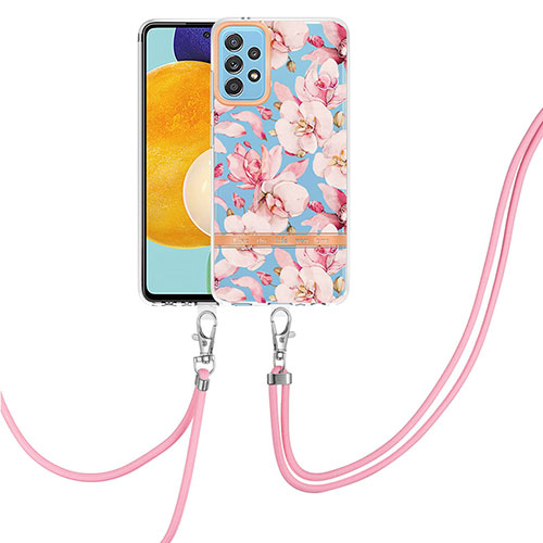 Silicone Candy Rubber Gel Fashionable Pattern Soft Case Cover with Lanyard Strap Y06B for Samsung Galaxy A52 4G Pink