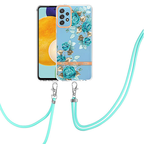 Silicone Candy Rubber Gel Fashionable Pattern Soft Case Cover with Lanyard Strap Y06B for Samsung Galaxy A52s 5G Cyan