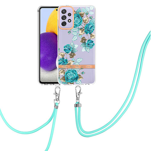 Silicone Candy Rubber Gel Fashionable Pattern Soft Case Cover with Lanyard Strap Y06B for Samsung Galaxy A72 4G Cyan