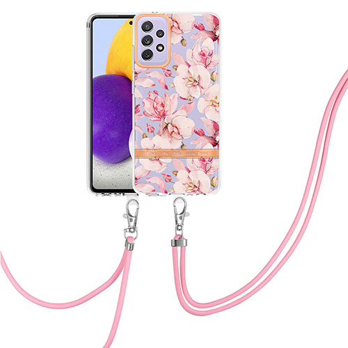 Silicone Candy Rubber Gel Fashionable Pattern Soft Case Cover with Lanyard Strap Y06B for Samsung Galaxy A72 4G Pink