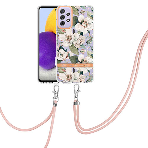 Silicone Candy Rubber Gel Fashionable Pattern Soft Case Cover with Lanyard Strap Y06B for Samsung Galaxy A72 5G White