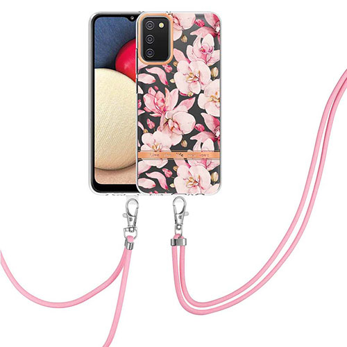 Silicone Candy Rubber Gel Fashionable Pattern Soft Case Cover with Lanyard Strap Y06B for Samsung Galaxy F02S SM-E025F Pink