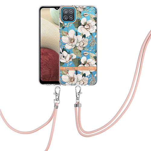 Silicone Candy Rubber Gel Fashionable Pattern Soft Case Cover with Lanyard Strap Y06B for Samsung Galaxy M12 White