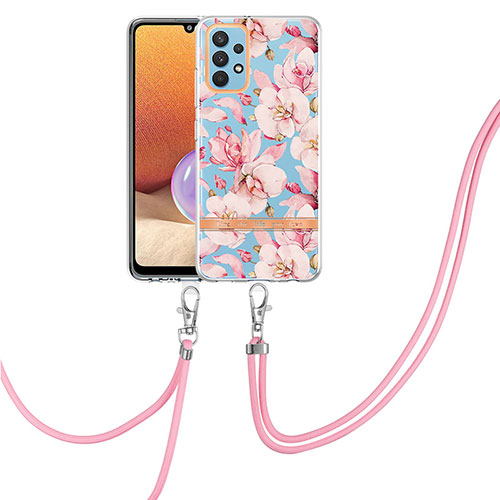 Silicone Candy Rubber Gel Fashionable Pattern Soft Case Cover with Lanyard Strap Y06B for Samsung Galaxy M32 5G Pink