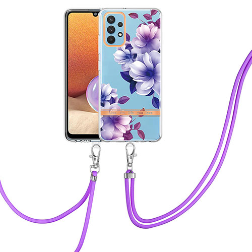 Silicone Candy Rubber Gel Fashionable Pattern Soft Case Cover with Lanyard Strap Y06B for Samsung Galaxy M32 5G Purple