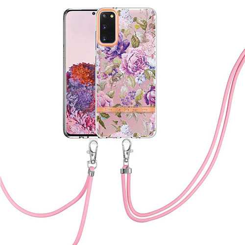 Silicone Candy Rubber Gel Fashionable Pattern Soft Case Cover with Lanyard Strap Y06B for Samsung Galaxy S20 Clove Purple