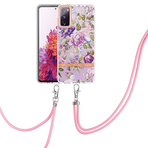 Silicone Candy Rubber Gel Fashionable Pattern Soft Case Cover with Lanyard Strap Y06B for Samsung Galaxy S20 FE (2022) 5G Clove Purple