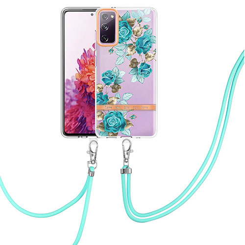 Silicone Candy Rubber Gel Fashionable Pattern Soft Case Cover with Lanyard Strap Y06B for Samsung Galaxy S20 FE 4G Cyan