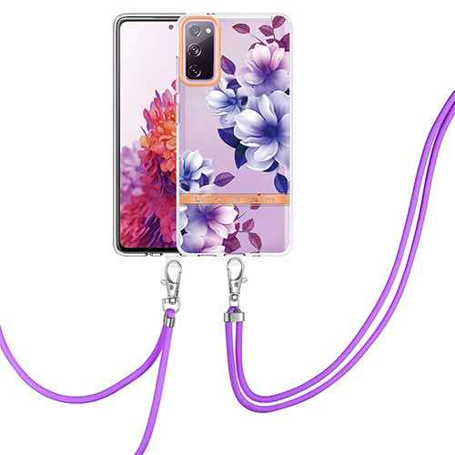 Silicone Candy Rubber Gel Fashionable Pattern Soft Case Cover with Lanyard Strap Y06B for Samsung Galaxy S20 FE 4G Purple