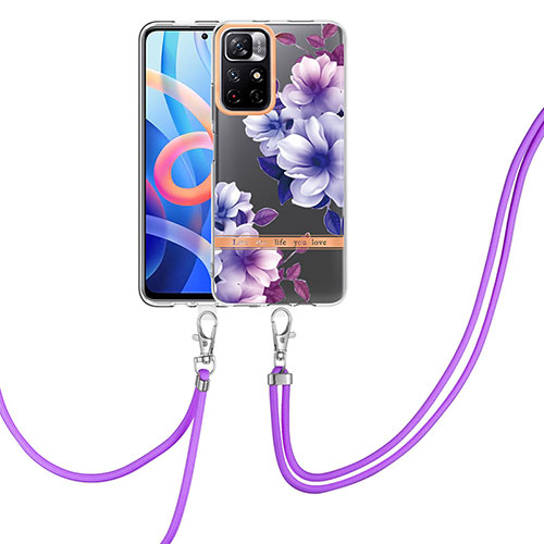 Silicone Candy Rubber Gel Fashionable Pattern Soft Case Cover with Lanyard Strap Y06B for Xiaomi Poco M4 Pro 5G Purple