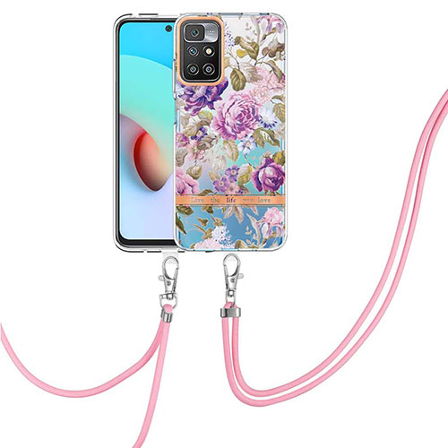 Silicone Candy Rubber Gel Fashionable Pattern Soft Case Cover with Lanyard Strap Y06B for Xiaomi Redmi 10 (2022) Clove Purple