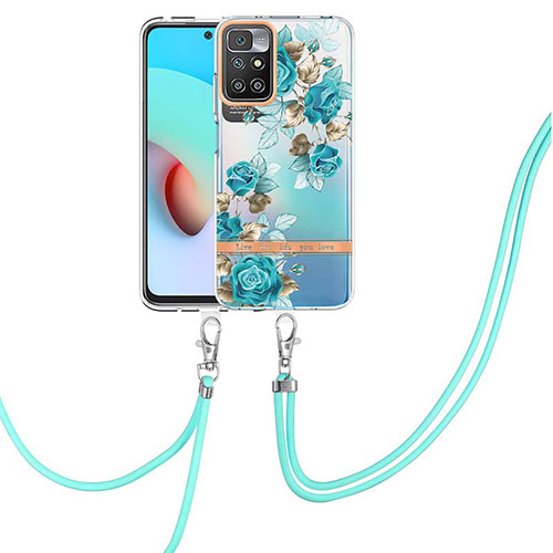 Silicone Candy Rubber Gel Fashionable Pattern Soft Case Cover with Lanyard Strap Y06B for Xiaomi Redmi 10 4G Cyan