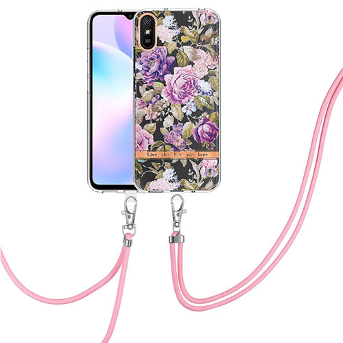 Silicone Candy Rubber Gel Fashionable Pattern Soft Case Cover with Lanyard Strap Y06B for Xiaomi Redmi 9A Clove Purple