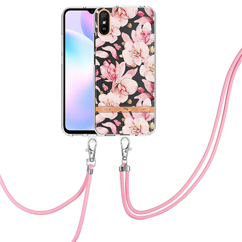 Silicone Candy Rubber Gel Fashionable Pattern Soft Case Cover with Lanyard Strap Y06B for Xiaomi Redmi 9AT Pink