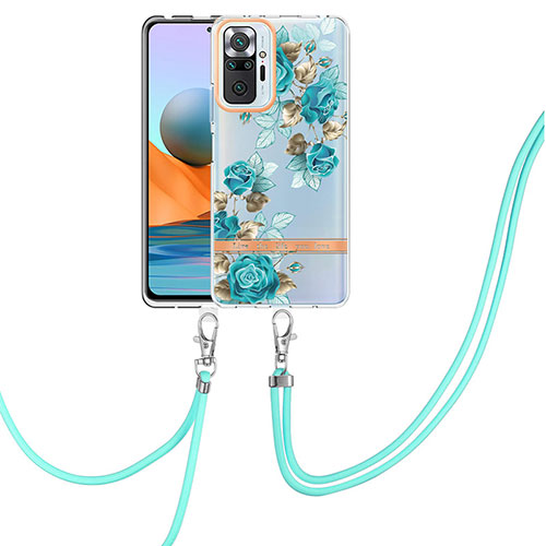 Silicone Candy Rubber Gel Fashionable Pattern Soft Case Cover with Lanyard Strap Y06B for Xiaomi Redmi Note 10 Pro Max Cyan