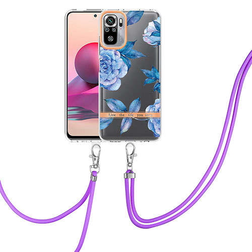 Silicone Candy Rubber Gel Fashionable Pattern Soft Case Cover with Lanyard Strap Y06B for Xiaomi Redmi Note 10S 4G Blue