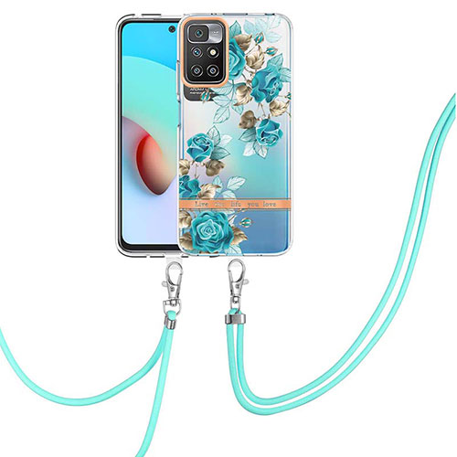 Silicone Candy Rubber Gel Fashionable Pattern Soft Case Cover with Lanyard Strap Y06B for Xiaomi Redmi Note 11 4G (2021) Cyan