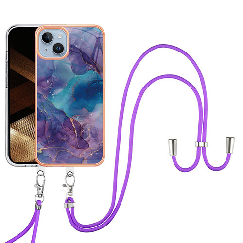 Silicone Candy Rubber Gel Fashionable Pattern Soft Case Cover with Lanyard Strap Y07B for Apple iPhone 14 Purple