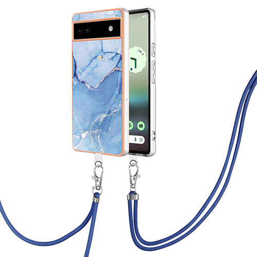 Silicone Candy Rubber Gel Fashionable Pattern Soft Case Cover with Lanyard Strap Y07B for Google Pixel 6a 5G Blue