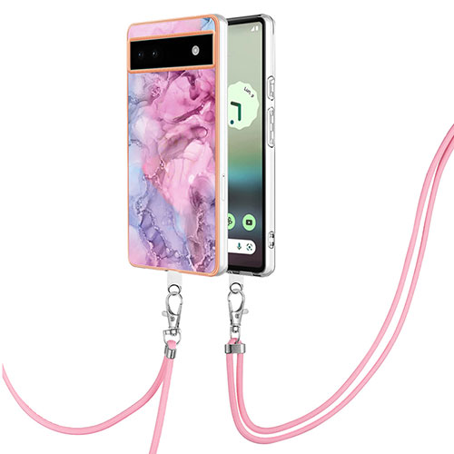 Silicone Candy Rubber Gel Fashionable Pattern Soft Case Cover with Lanyard Strap Y07B for Google Pixel 6a 5G Clove Purple
