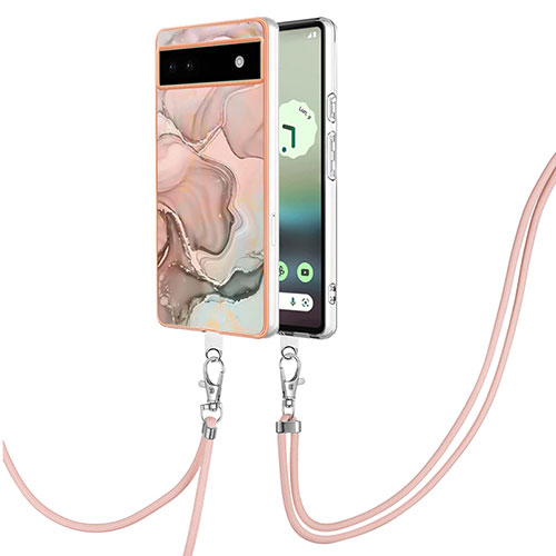 Silicone Candy Rubber Gel Fashionable Pattern Soft Case Cover with Lanyard Strap Y07B for Google Pixel 6a 5G Pink