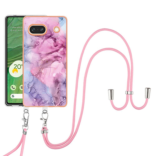 Silicone Candy Rubber Gel Fashionable Pattern Soft Case Cover with Lanyard Strap Y07B for Google Pixel 7a 5G Clove Purple