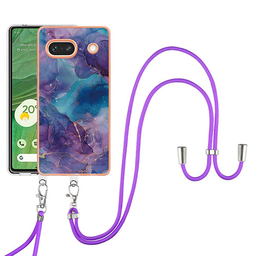 Silicone Candy Rubber Gel Fashionable Pattern Soft Case Cover with Lanyard Strap Y07B for Google Pixel 7a 5G Purple