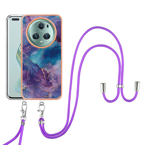 Silicone Candy Rubber Gel Fashionable Pattern Soft Case Cover with Lanyard Strap Y07B for Huawei Honor Magic5 Pro 5G Purple