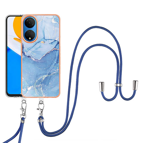 Silicone Candy Rubber Gel Fashionable Pattern Soft Case Cover with Lanyard Strap Y07B for Huawei Honor X7 Blue