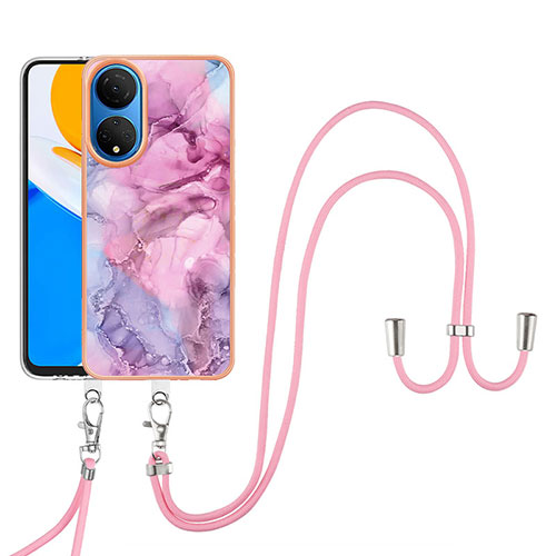 Silicone Candy Rubber Gel Fashionable Pattern Soft Case Cover with Lanyard Strap Y07B for Huawei Honor X7 Clove Purple