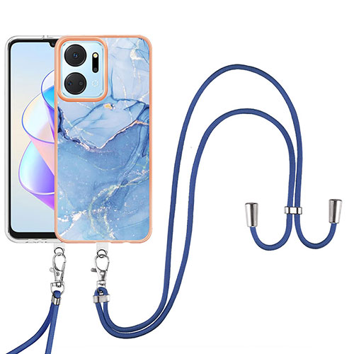 Silicone Candy Rubber Gel Fashionable Pattern Soft Case Cover with Lanyard Strap Y07B for Huawei Honor X7a Blue